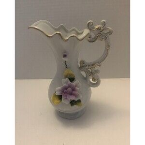 Vtg Lego Ceramic Pitcher With Gold Accents Made In Taiwan with raised flowers